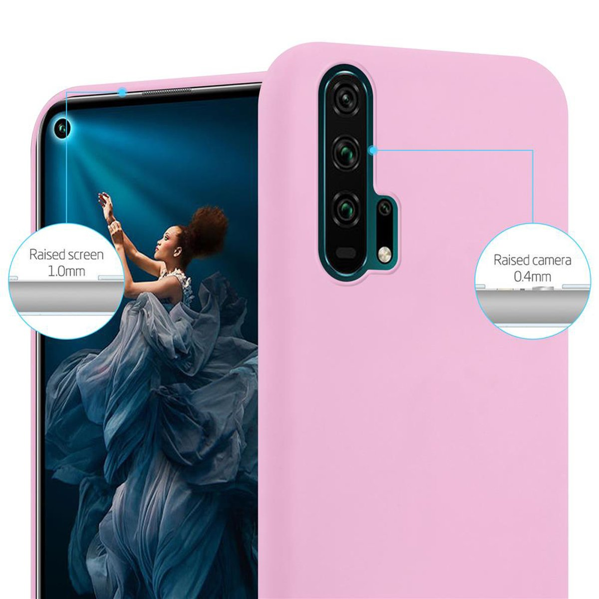 Custodia rosa per telefono con donna e vestito. La custodia mostra dettagli di protezione schermo e fotocamera rialzati.