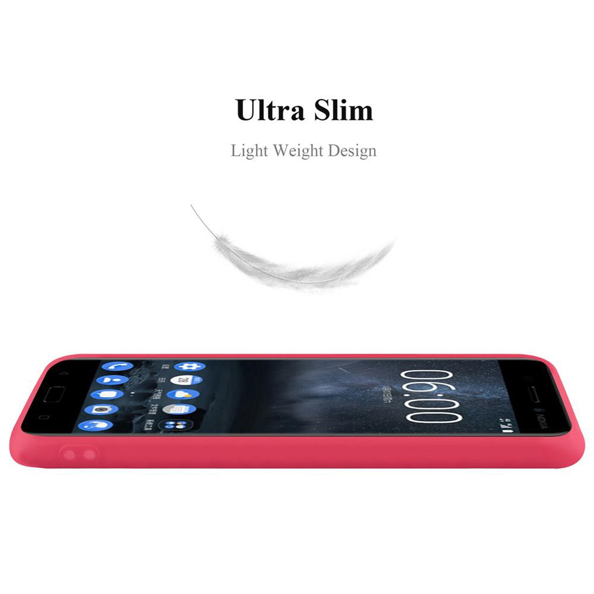 Una custodia per telefono rossa con un telefono all'interno. Presenta un design sottile con una grafica a piuma bianca.
