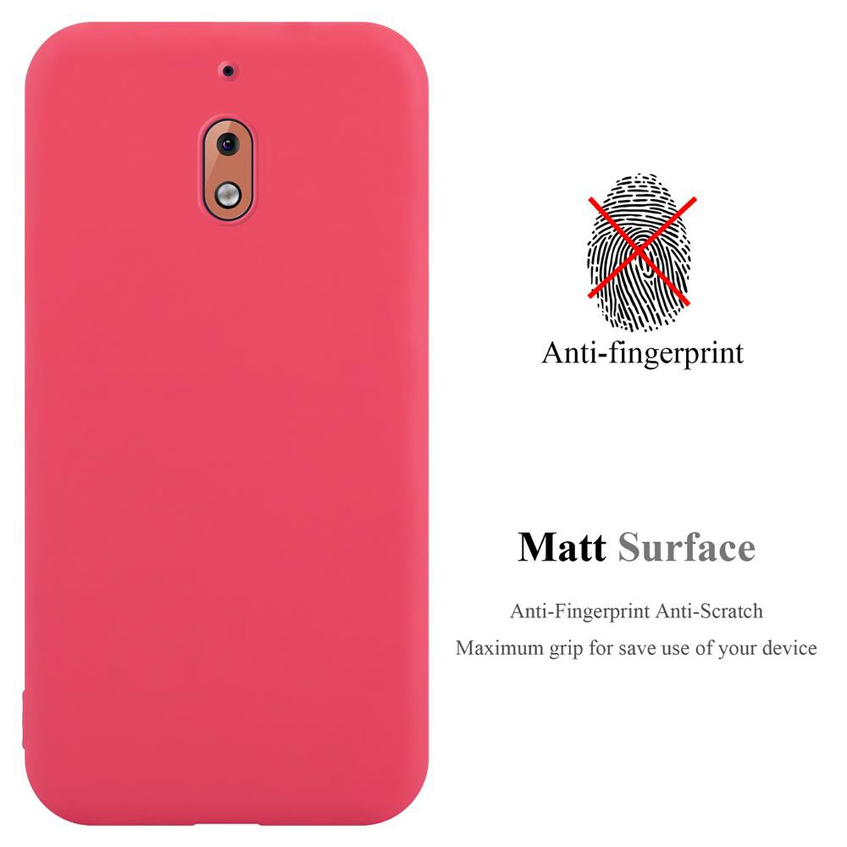 Custodia rossa per telefono con testo: Anti-impronte, Superficie opaca e simbolo di impronta digitale.