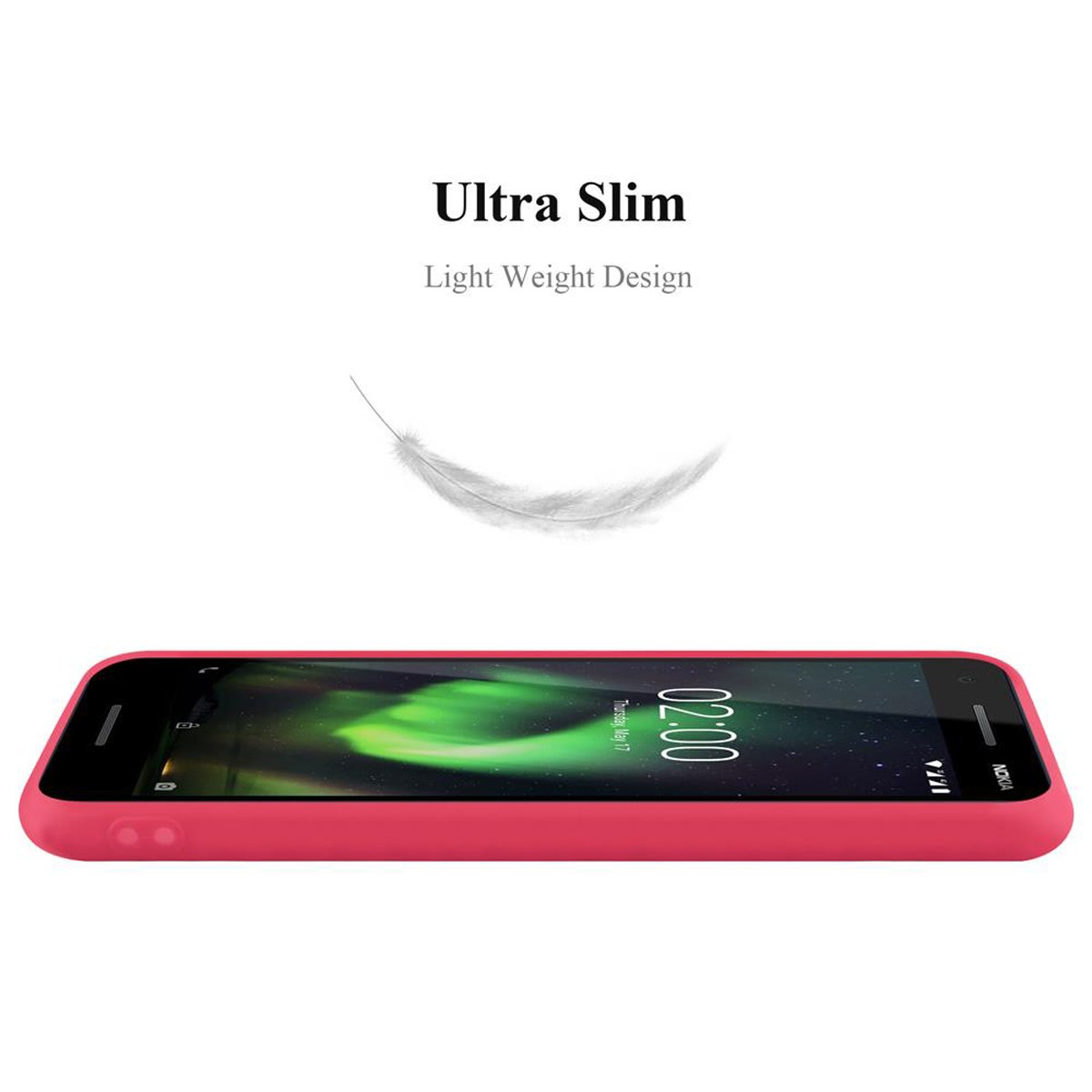 Vista laterale di un telefono rosso in una custodia, con testo 'Ultra Slim, Light Weight Design' e una piuma.