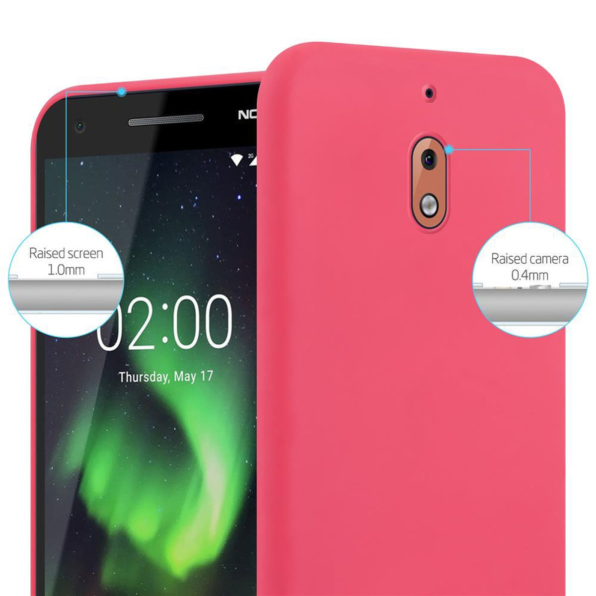 Un telefono rosa con dettagli dello schermo e della fotocamera, che mostra data e ora.