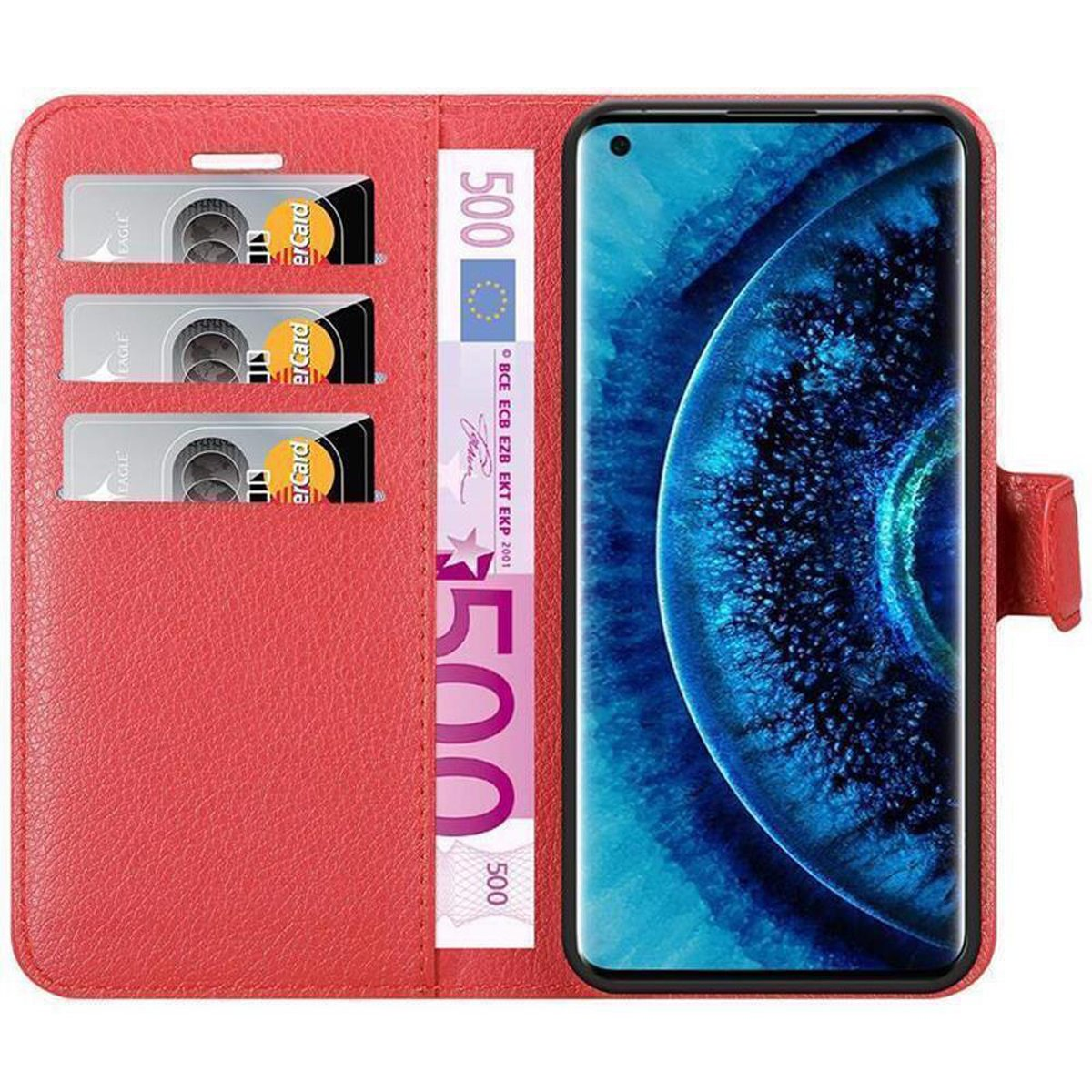 Una custodia per telefono rossa aperta, con carte di credito e un telefono con sfondo blu.