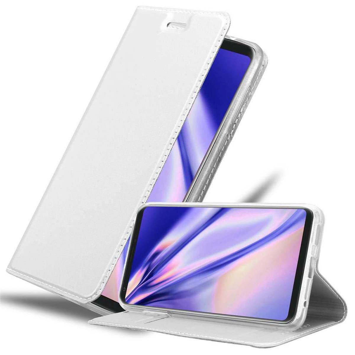Custodia bianca per telefono con telefono dentro, angolata su sfondo bianco.