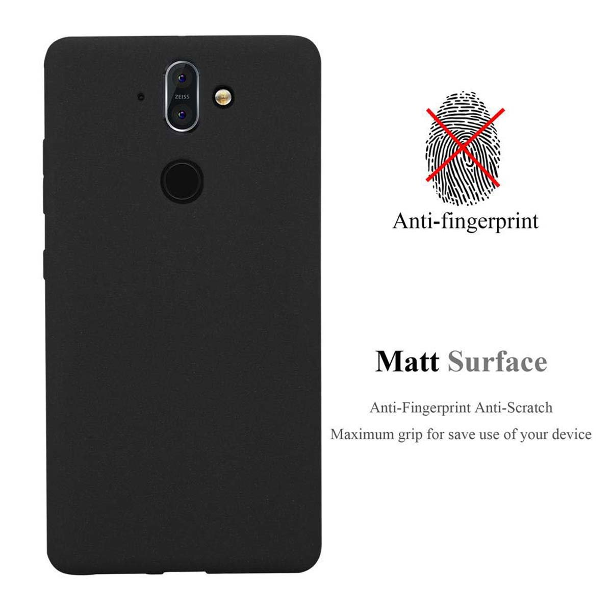 Custodia per telefono nera con telefono e obiettivo della fotocamera. La custodia è etichettata come anti-impronta e opaca.