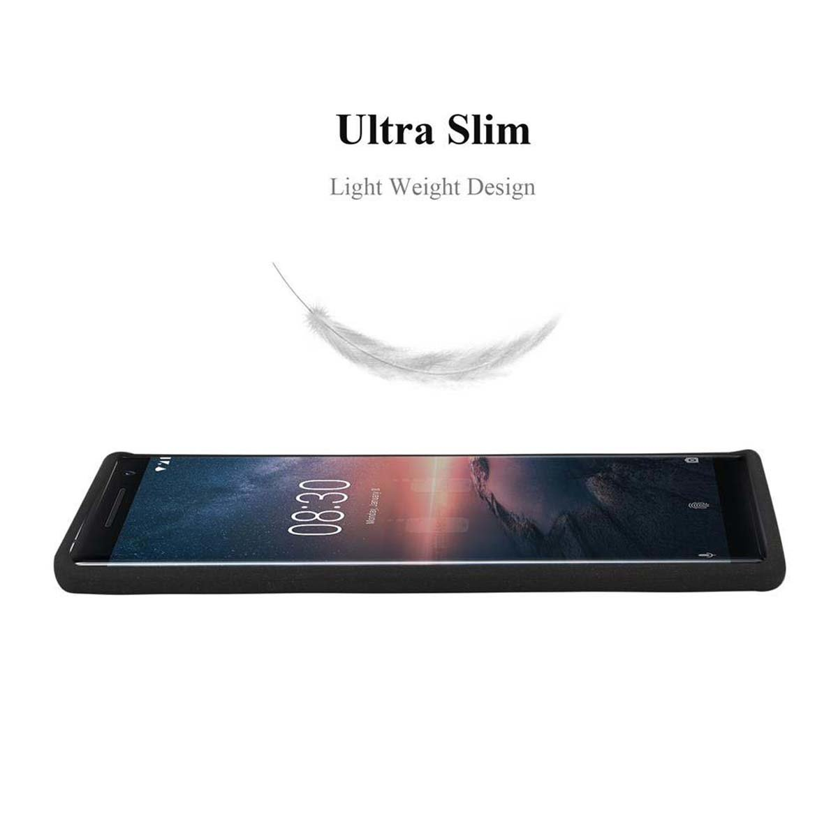 Uno smartphone su una custodia, con una grafica a forma di piuma sopra. Il testo dice Ultra Slim.