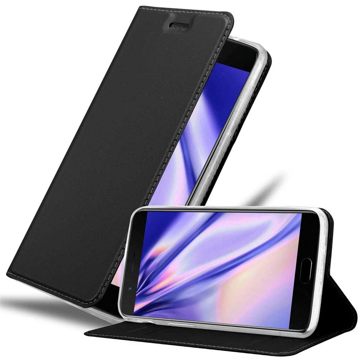 Funda de teléfono negra con un teléfono dentro. El teléfono tiene pantalla blanca.
