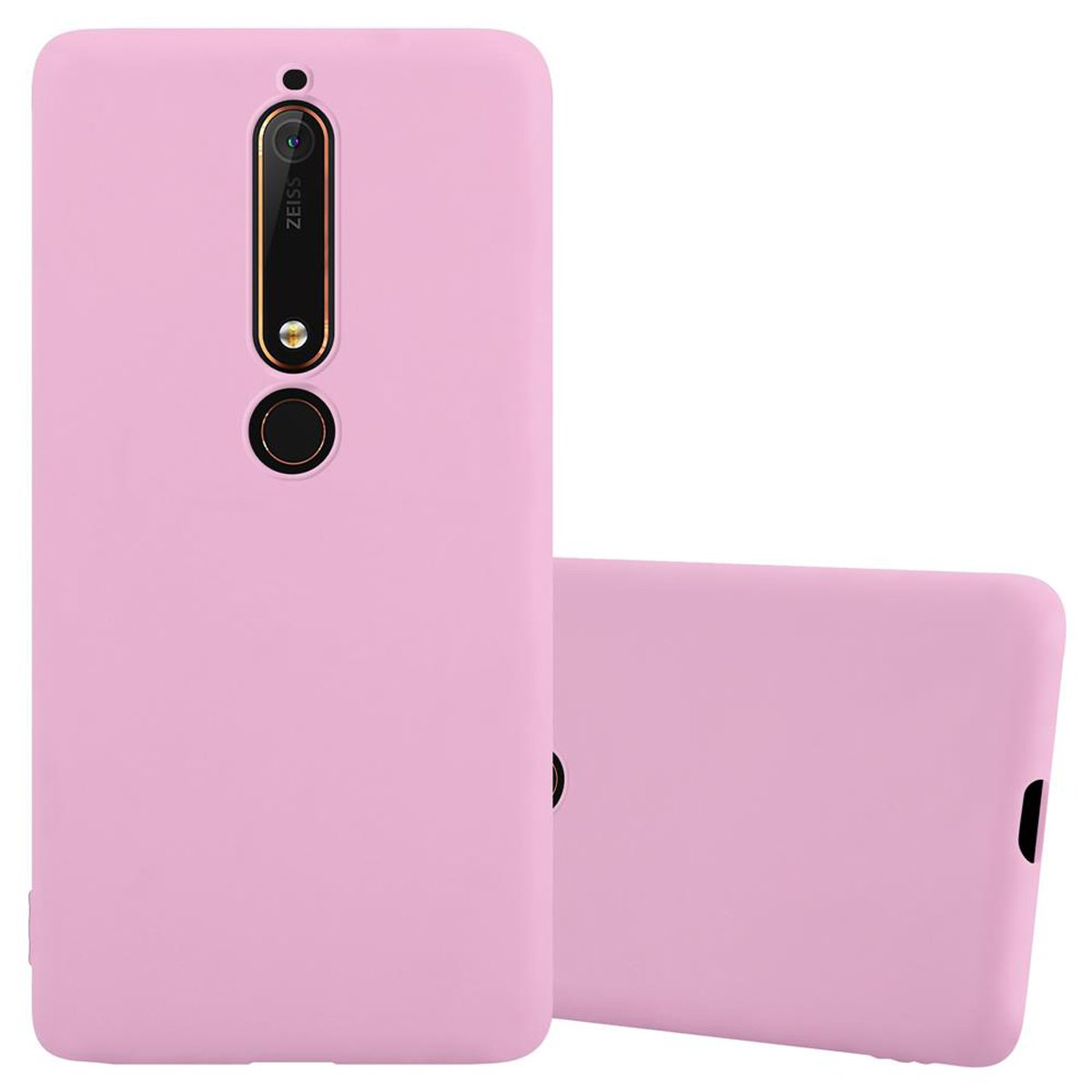 Custodia per telefono rosa. Ha un ritaglio per la fotocamera ed è su sfondo bianco.