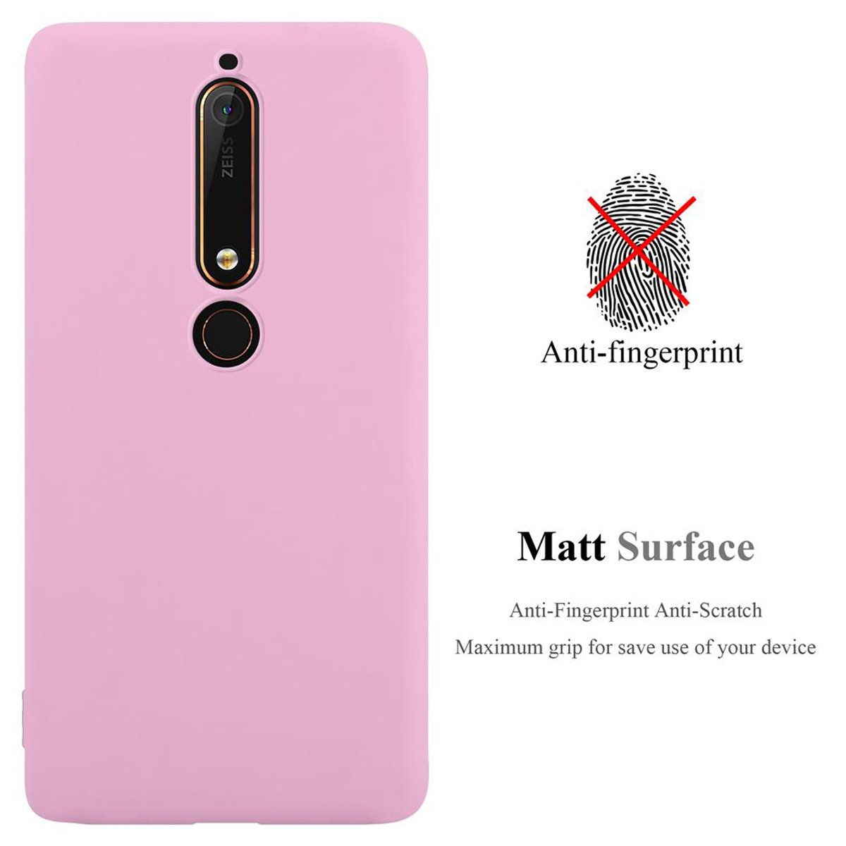 Una custodia rosa per telefono con un telefono dentro. Testo: Anti-impronte, Superficie opaca e impronta.