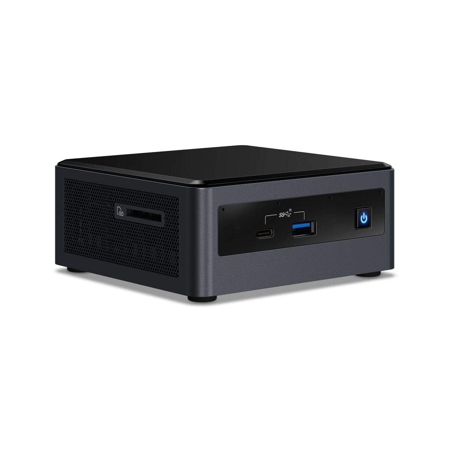 Kleiner schwarzer Computer. Zeigt die Vorder- und Seite des Computers mit Anschlüssen und einem SD-Kartensteckplatz.