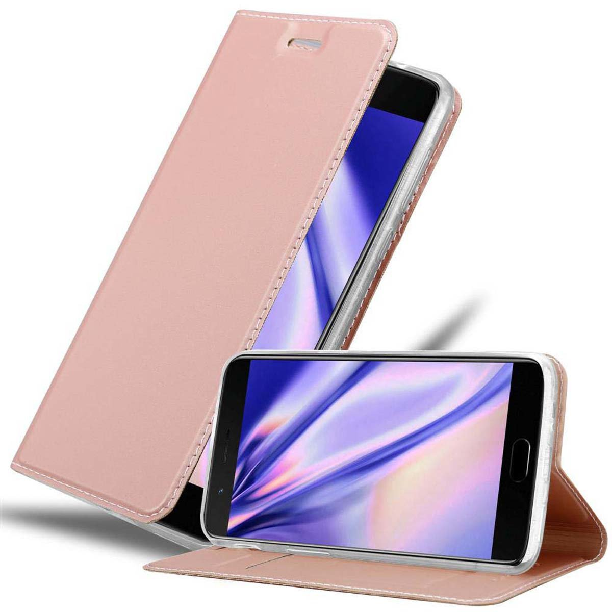 Funda rosa para teléfono con teléfono dentro, con tapa abierta, sobre fondo blanco.