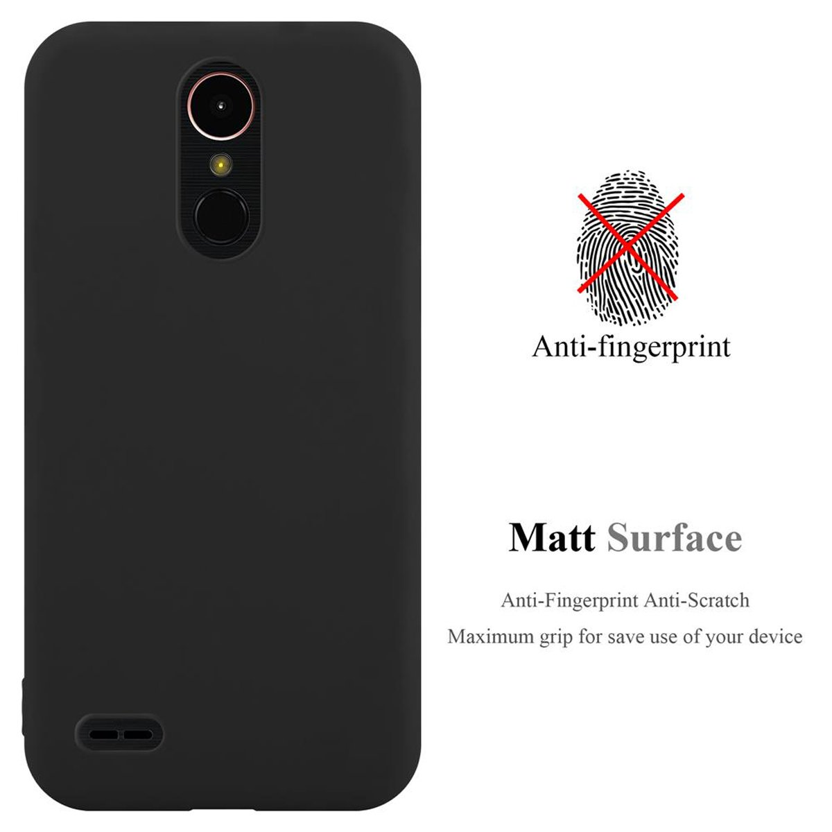 Custodia nera per telefono con contorno e simbolo di impronta digitale barrato. Superficie opaca.
