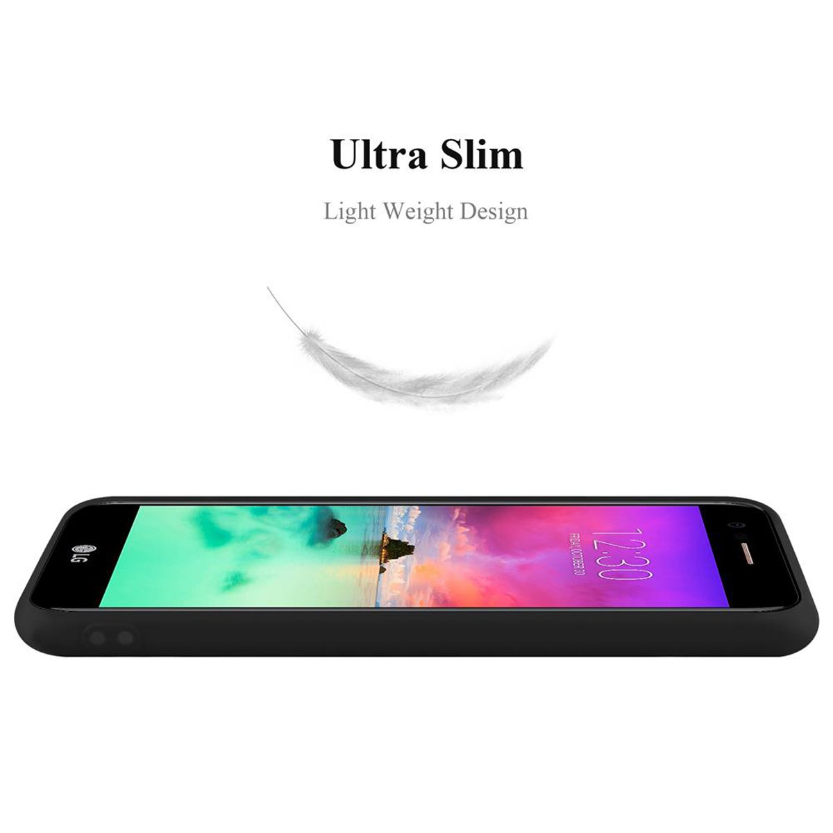 Telefono nero con custodia, testo Ultra Slim e Light Weight Design.