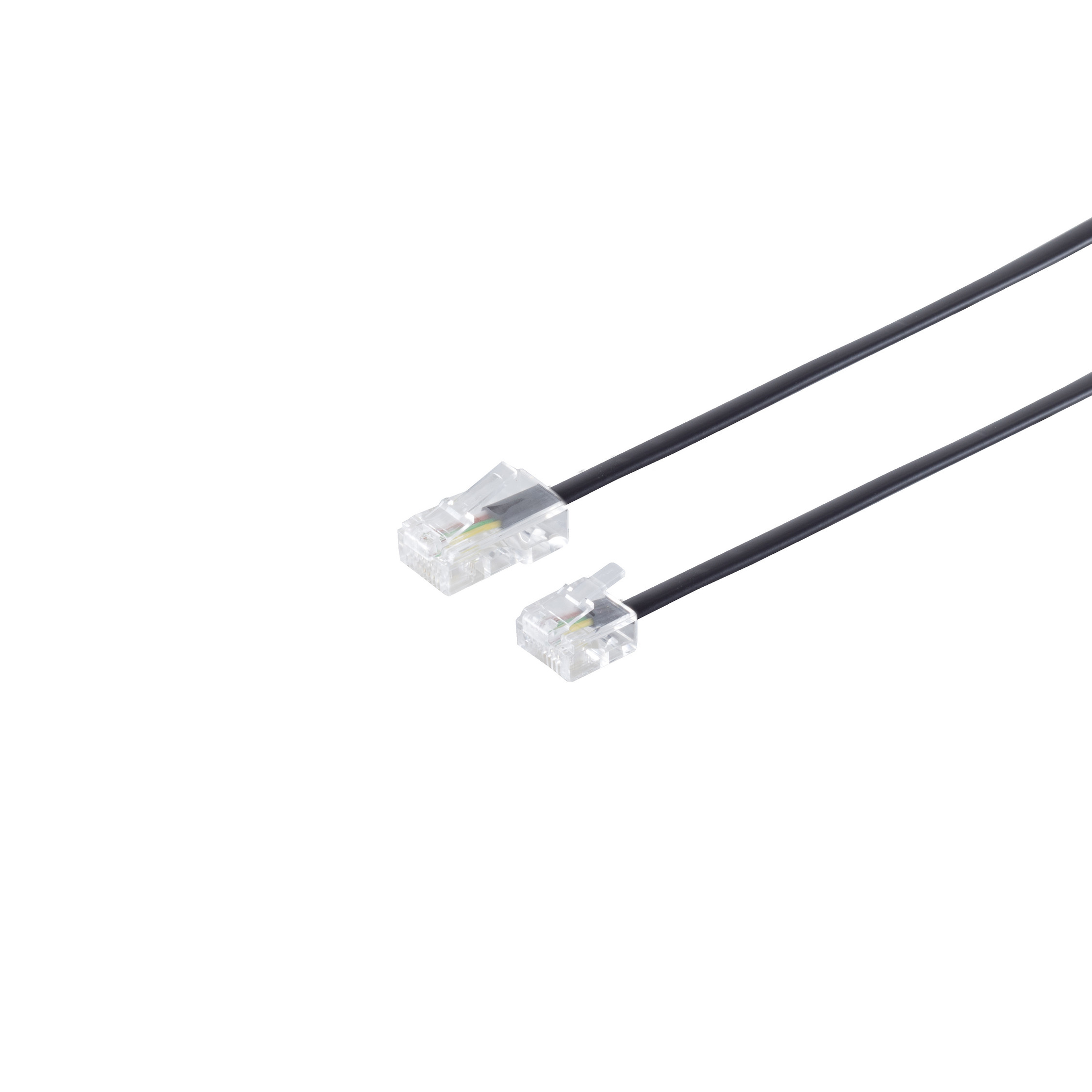 Zwei transparente RJ11-Stecker an schwarzen Drähten. Weißer Hintergrund.