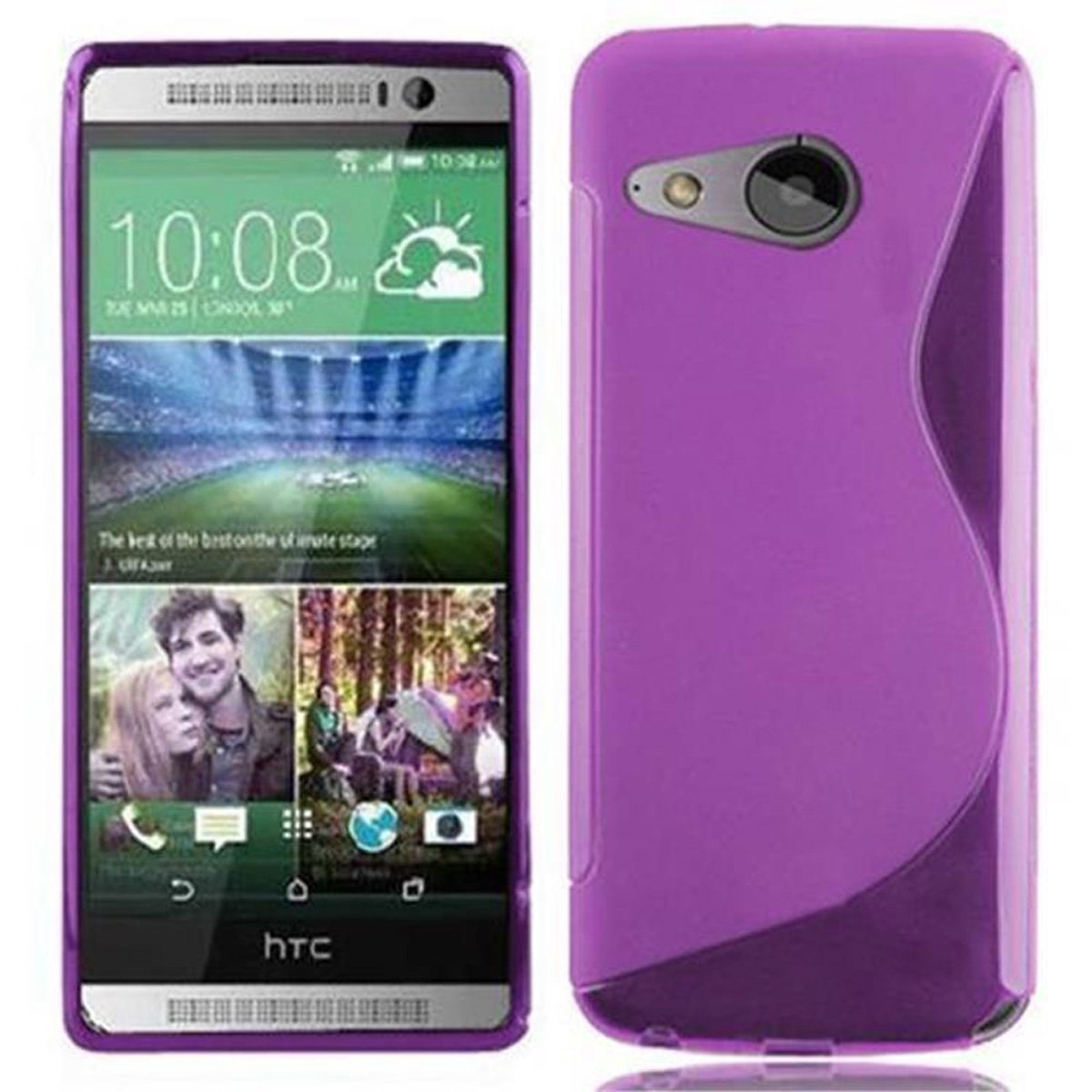 Un téléphone et son étui violets sont montrés des deux côtés. Le téléphone affiche l'heure et quelques images.