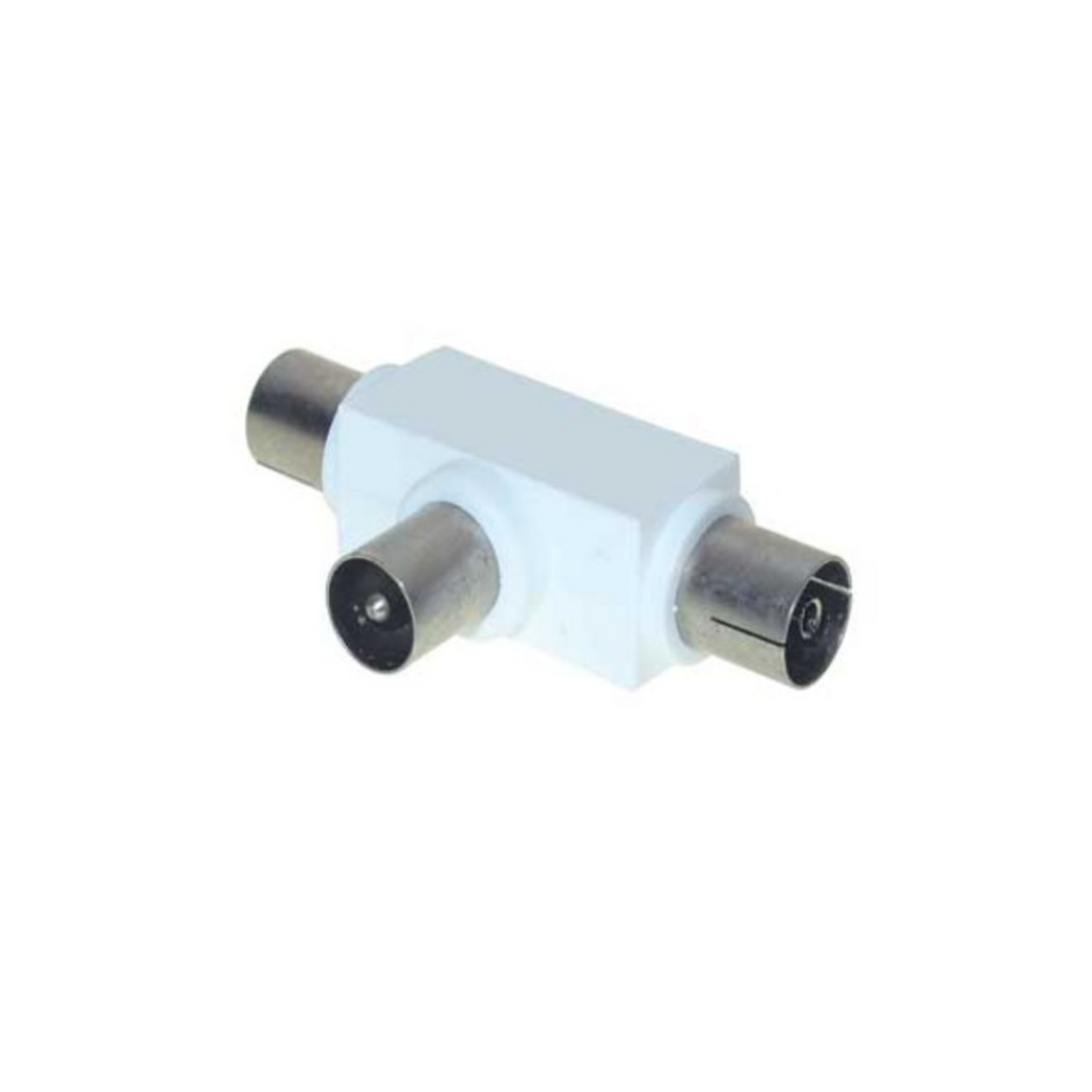 Weißer Koaxialkabel-Splitter mit drei Anschlüssen.