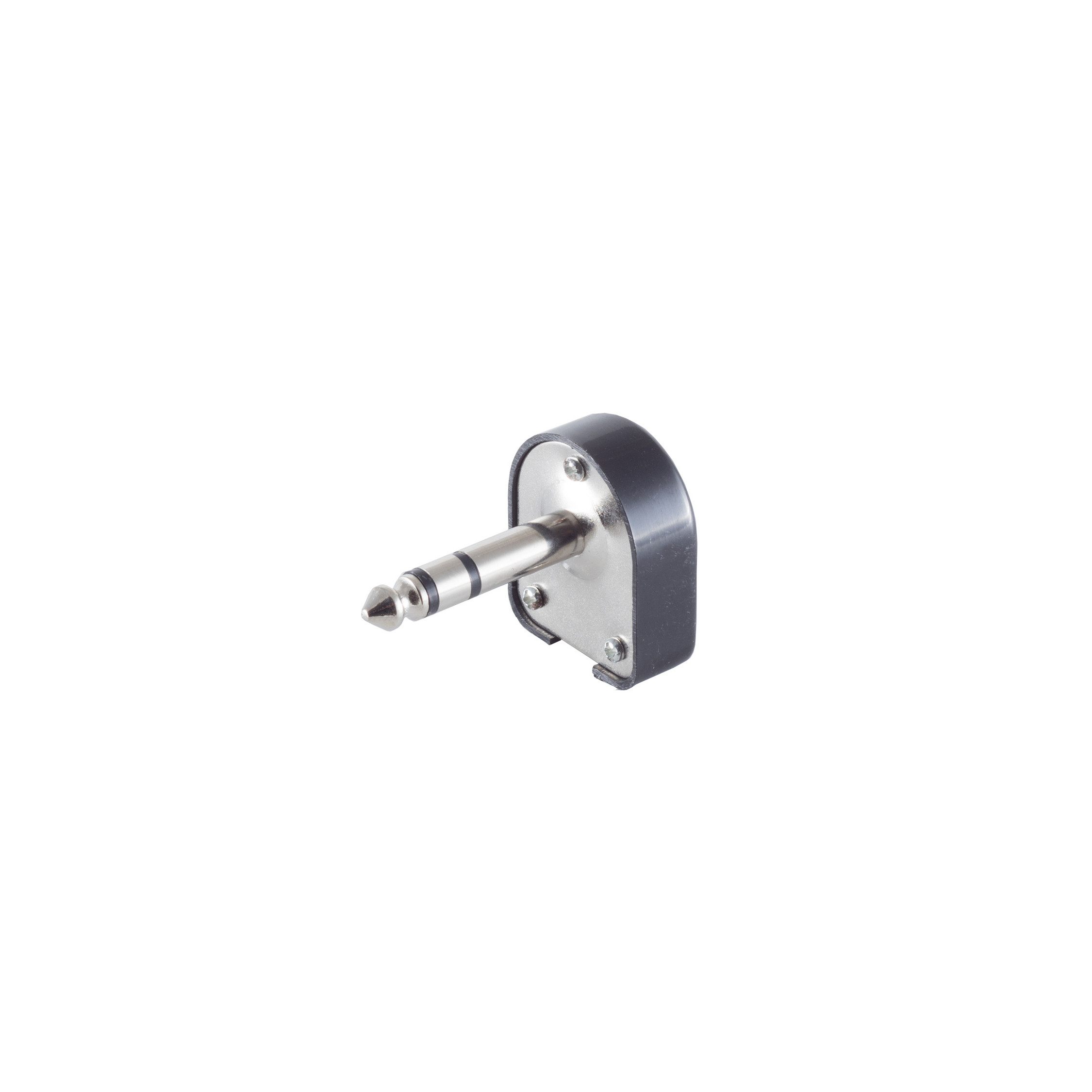 Ein schwarzer Klinken- auf 3,5-mm-Adapter auf weißem Hintergrund. Es hat eine Metallspitze.