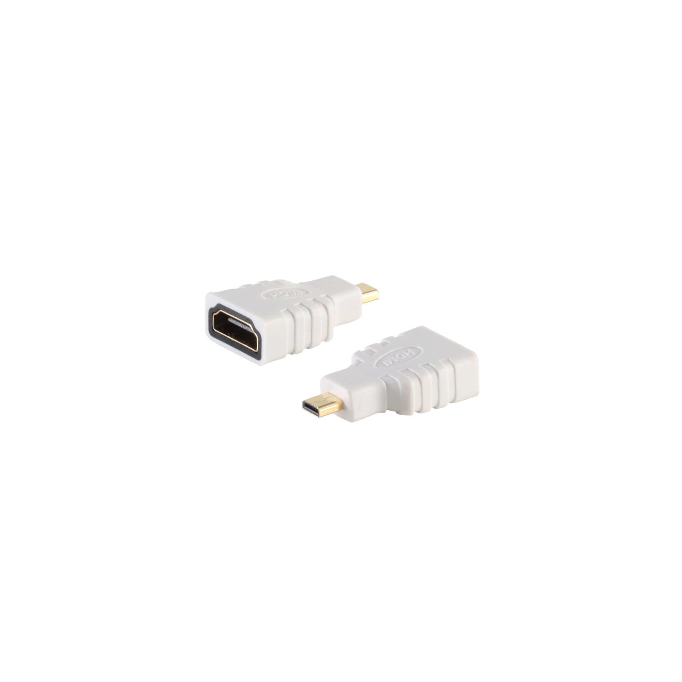 Zwei weiße HDMI-zu-Micro-HDMI-Adapter. Weißer Hintergrund.