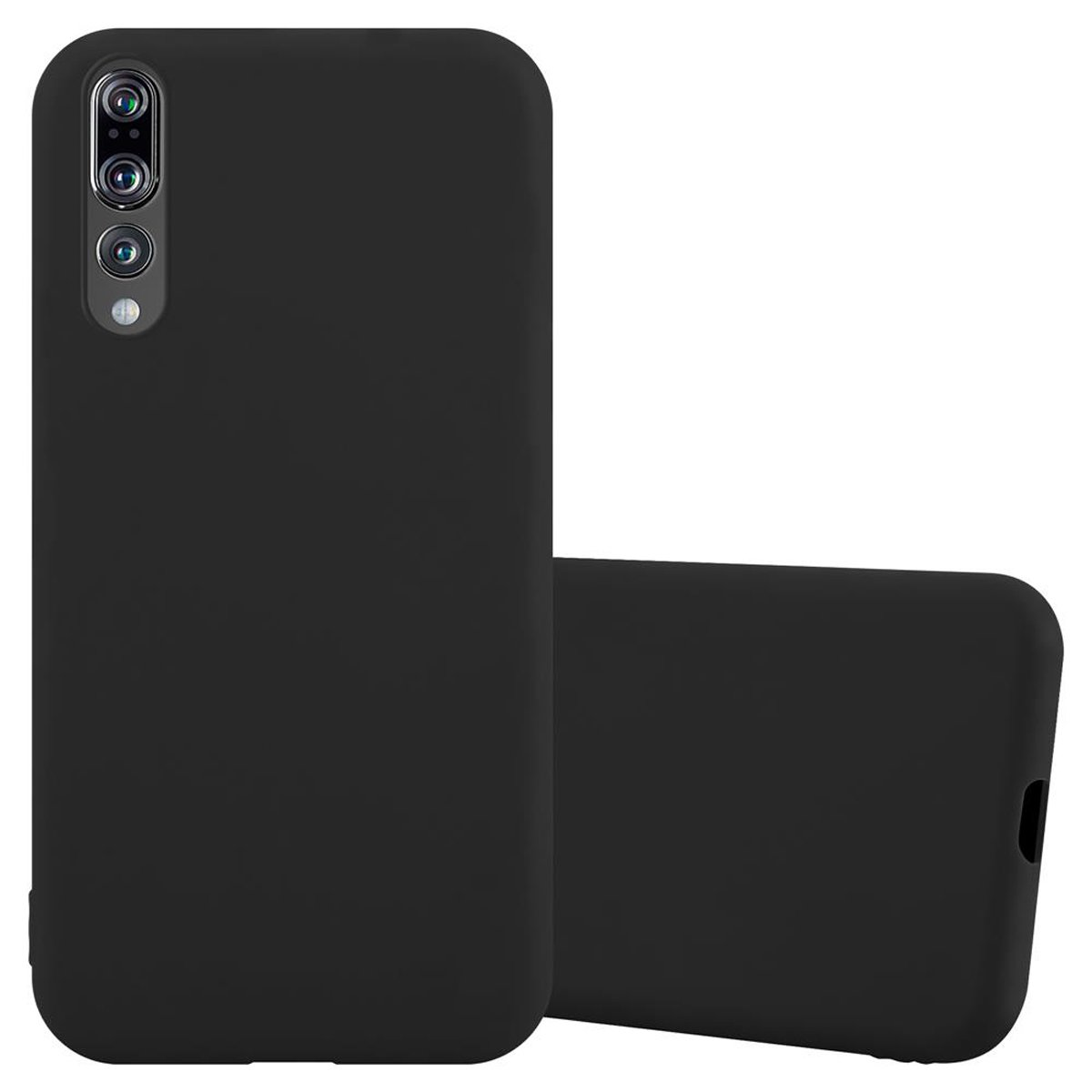 Custodia nera per telefono su sfondo bianco. La custodia ha un ritaglio per la fotocamera.