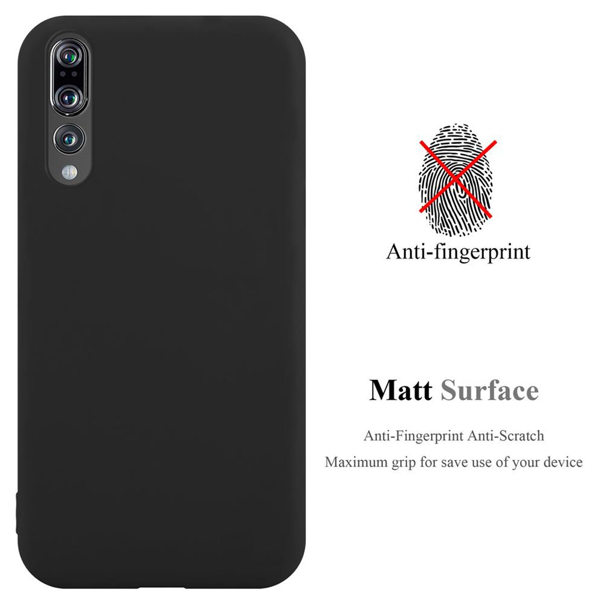 Custodia nera per telefono con telefono. Anti-impronte e superficie opaca. Icona impronta digitale barrata.
