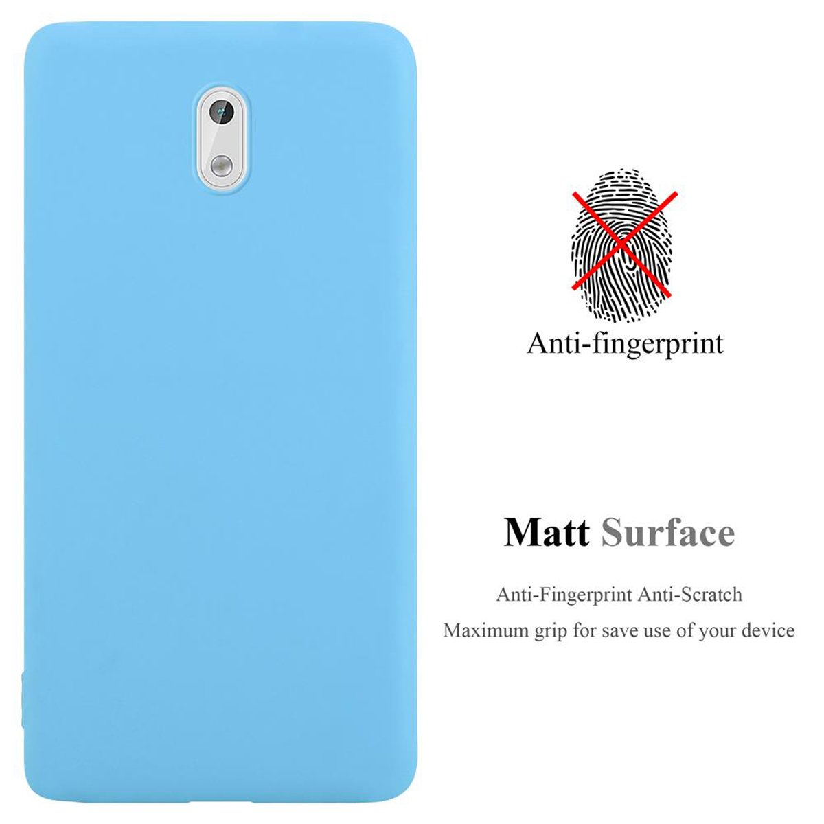 Custodia per telefono blu chiaro con superficie opaca e funzione anti-impronta.