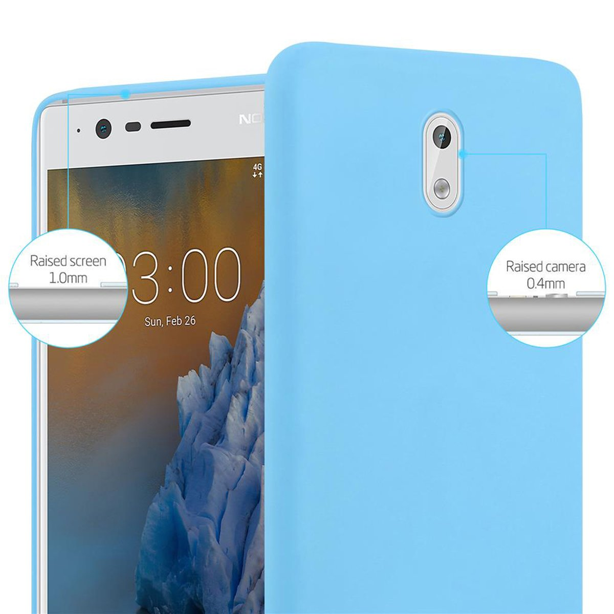 Custodia per telefono azzurra con telefono all'interno. Etichette che mostrano le misure dello schermo e della fotocamera rialzate.