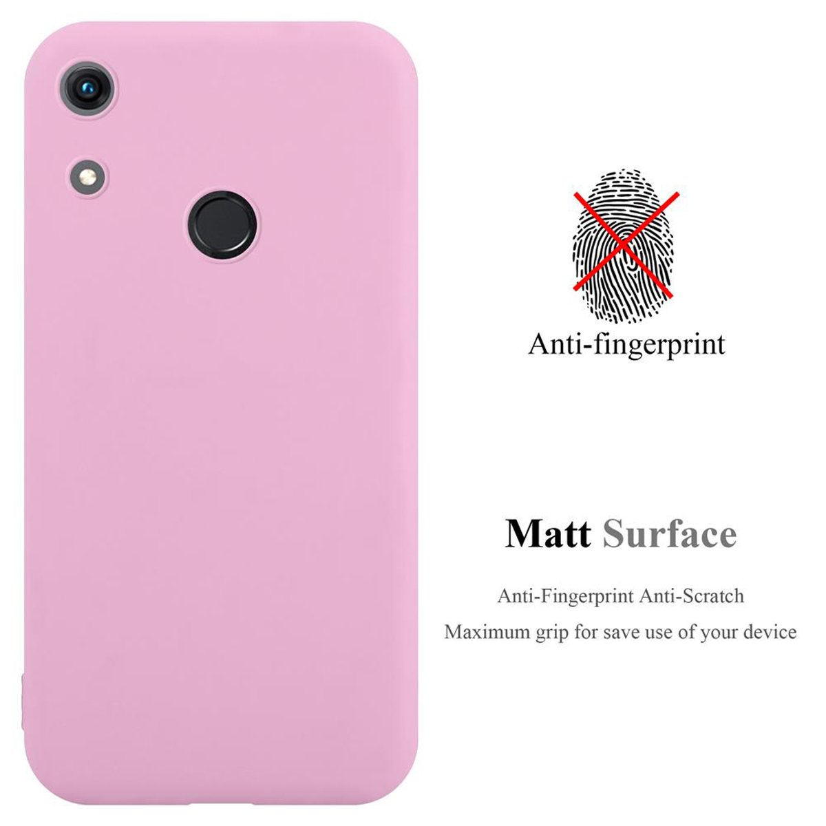 Custodia rosa per telefono con fotocamera, testo e icona dell'impronta digitale.