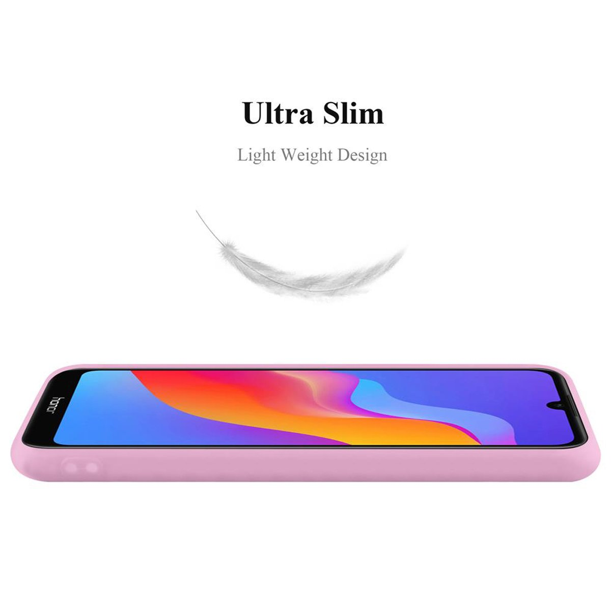 Custodia rosa per telefono, con una piuma sopra, testo Ultra Slim, Light Weight Design.