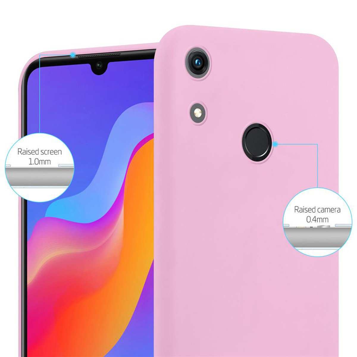 Una custodia rosa per telefono con un telefono all'interno. La custodia evidenzia la fotocamera e i bordi dello schermo.