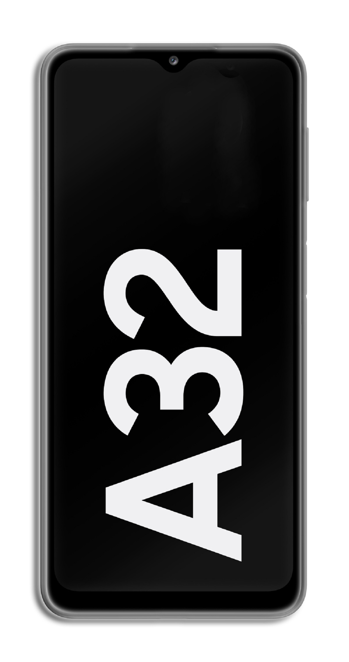 Schwarzes Smartphone mit weißem 'A32'-Text auf dem Bildschirm. Weißer Hintergrund.