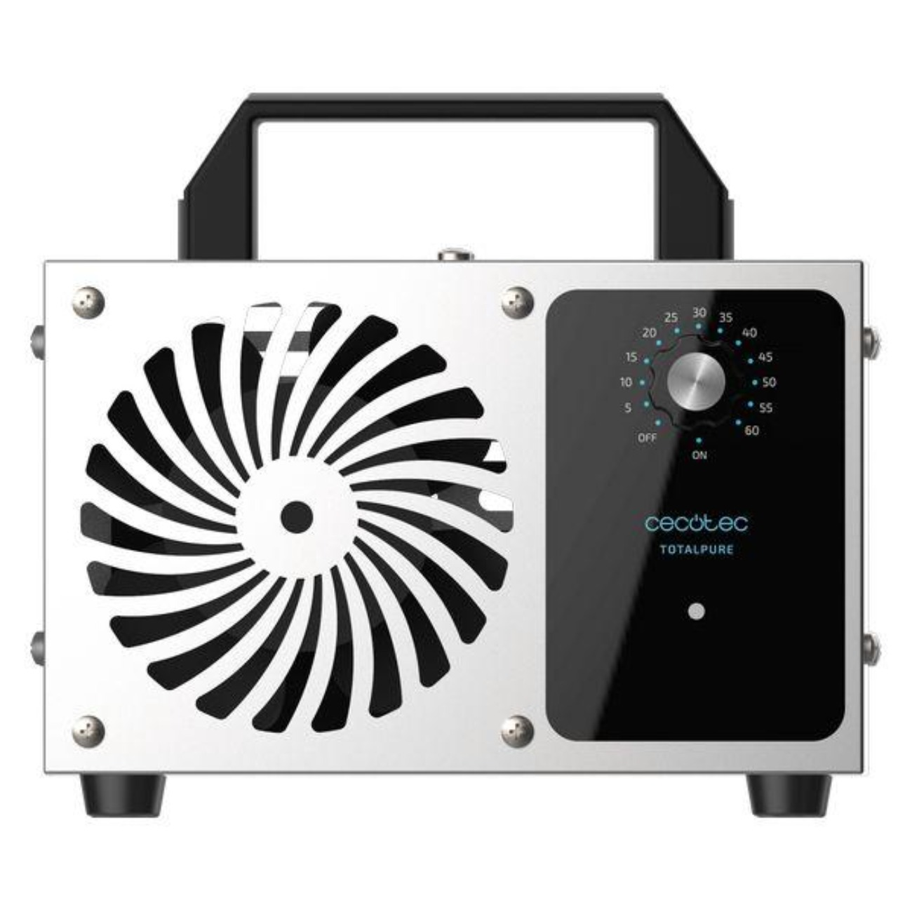 Un purificador de aire plateado con un panel de control negro y un ventilador. Tiene un asa y está sobre fondo blanco.