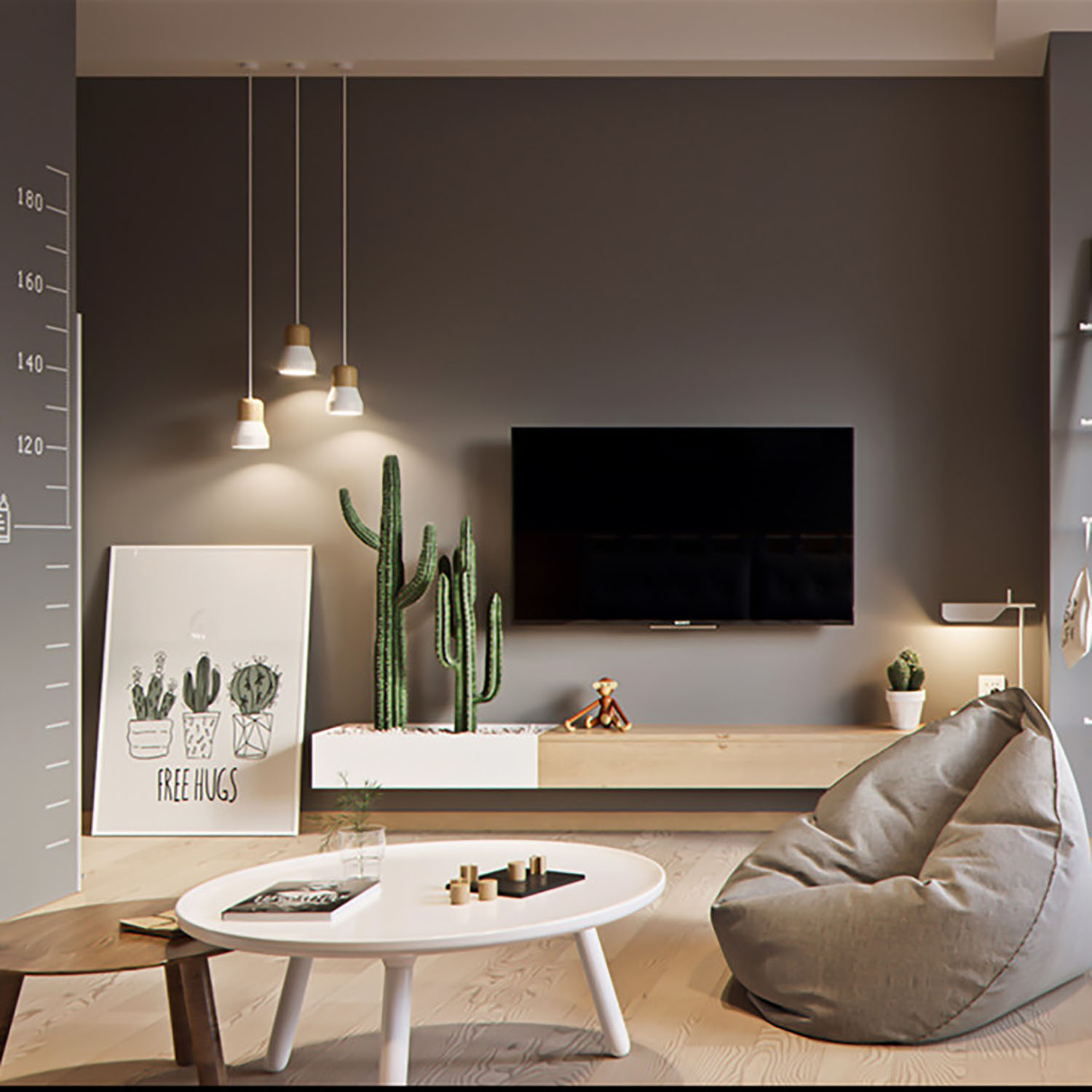 Ein modernes Wohnzimmer mit grauer Wand, Fernseher, Kaktus und einem Sitzsack.