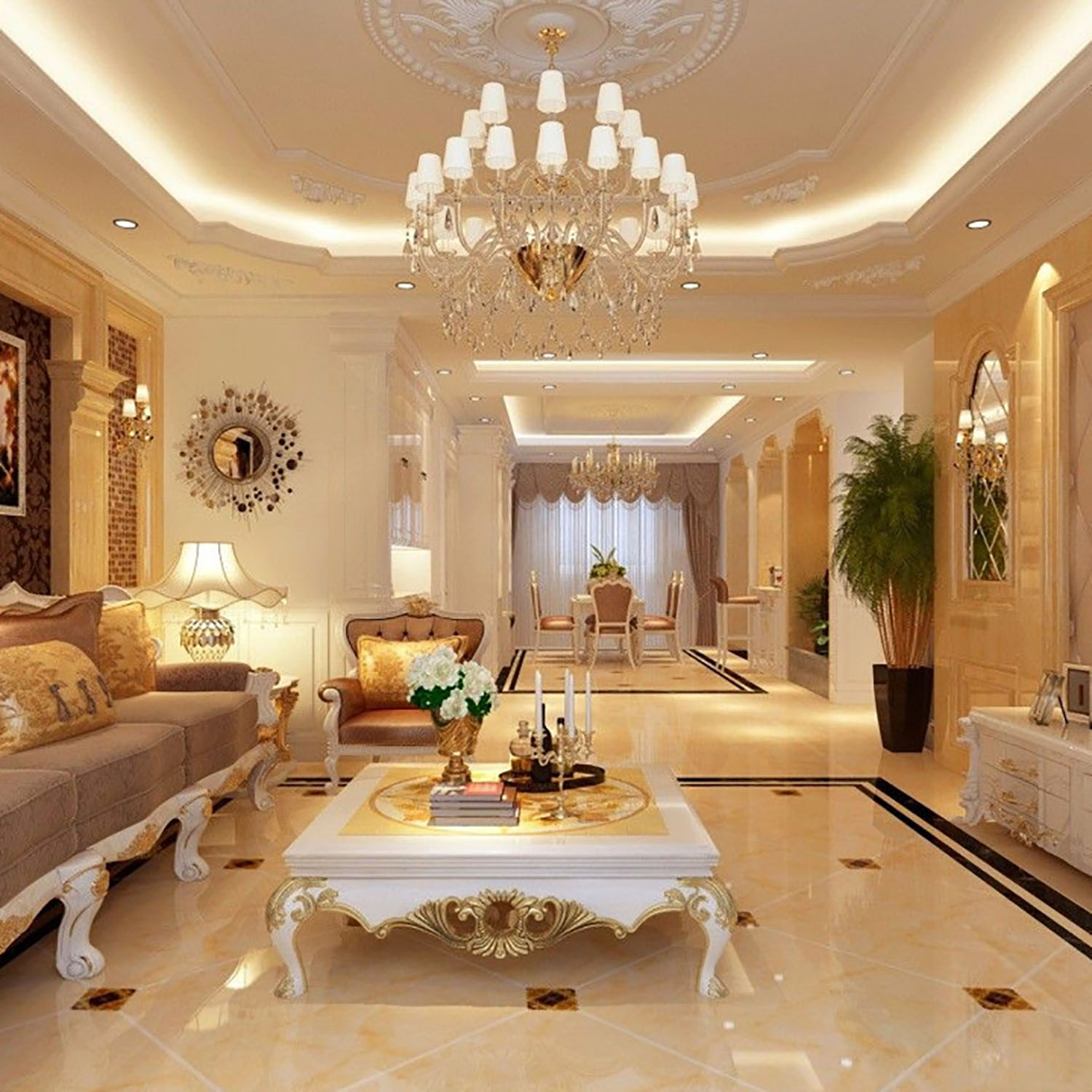 Luxuriöses Wohnzimmer mit Kronleuchter, Sofa und Marmorboden.