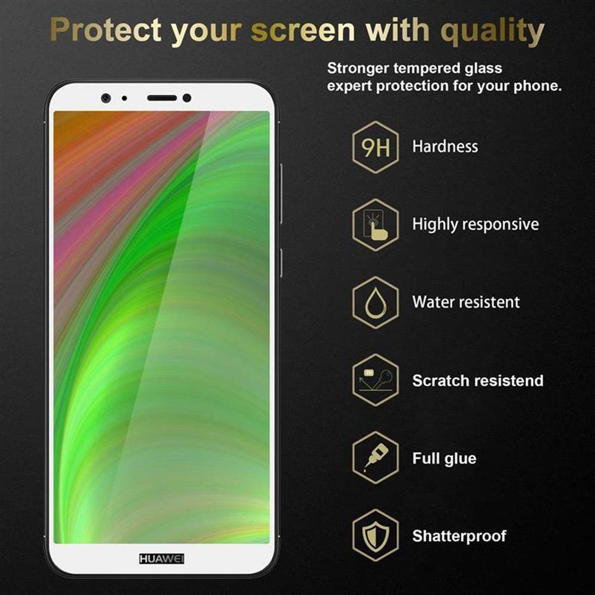 Telefono con protezione schermo che mostra testo e simboli. Sfondo nero con icone e testo.