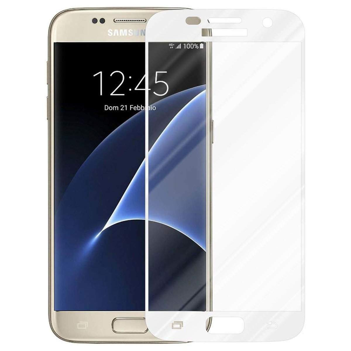 Teléfono con protector de pantalla. El teléfono es dorado y el protector transparente.