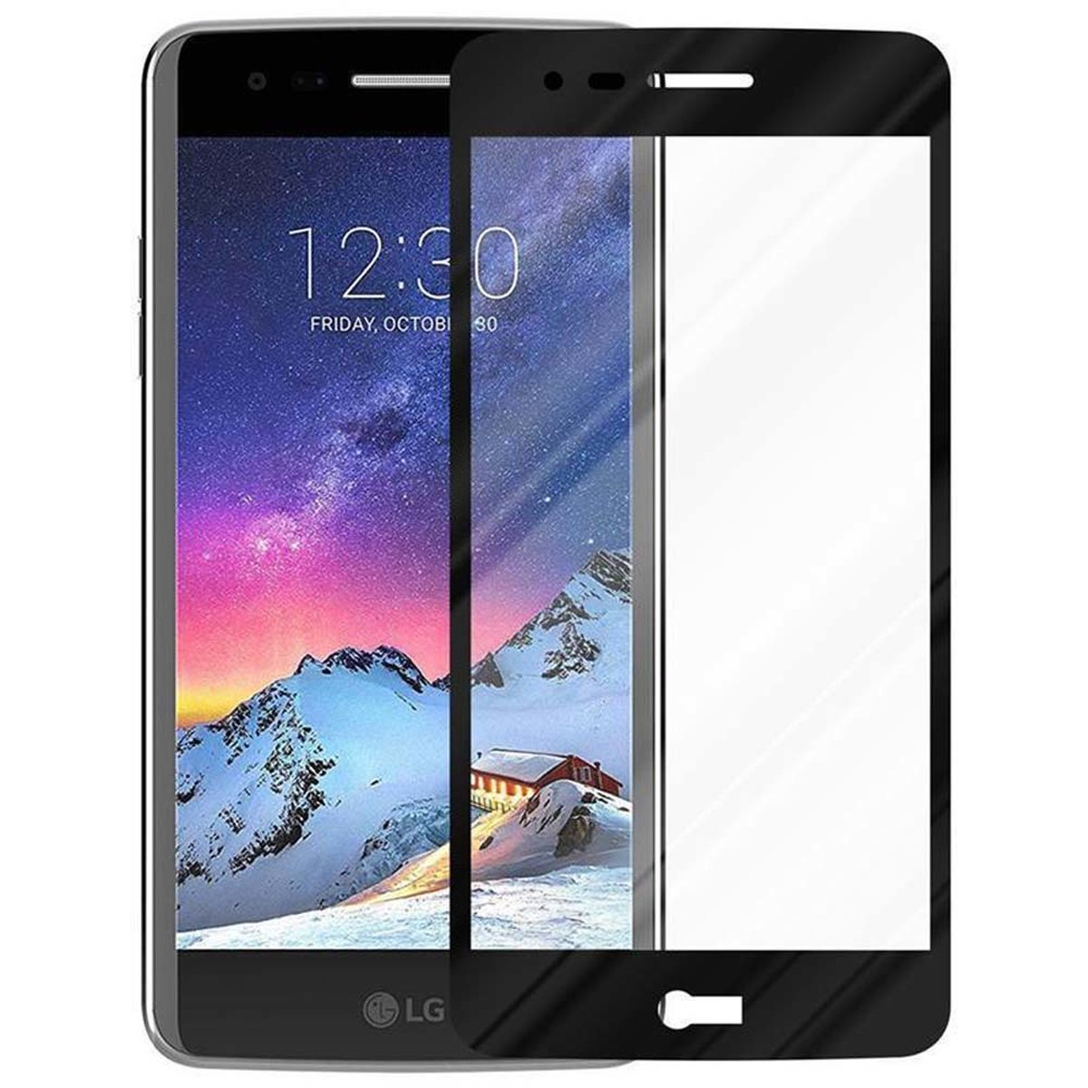 Teléfono negro con protector de pantalla. La hora en la pantalla es 12:30.