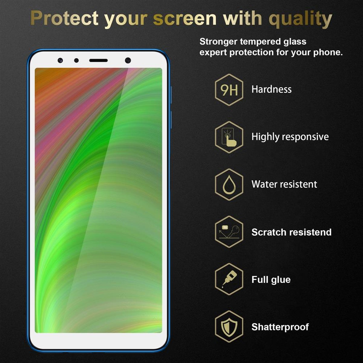 Uno smartphone con cornice blu e protezione schermo applicata. Testo: Proteggi il tuo schermo.