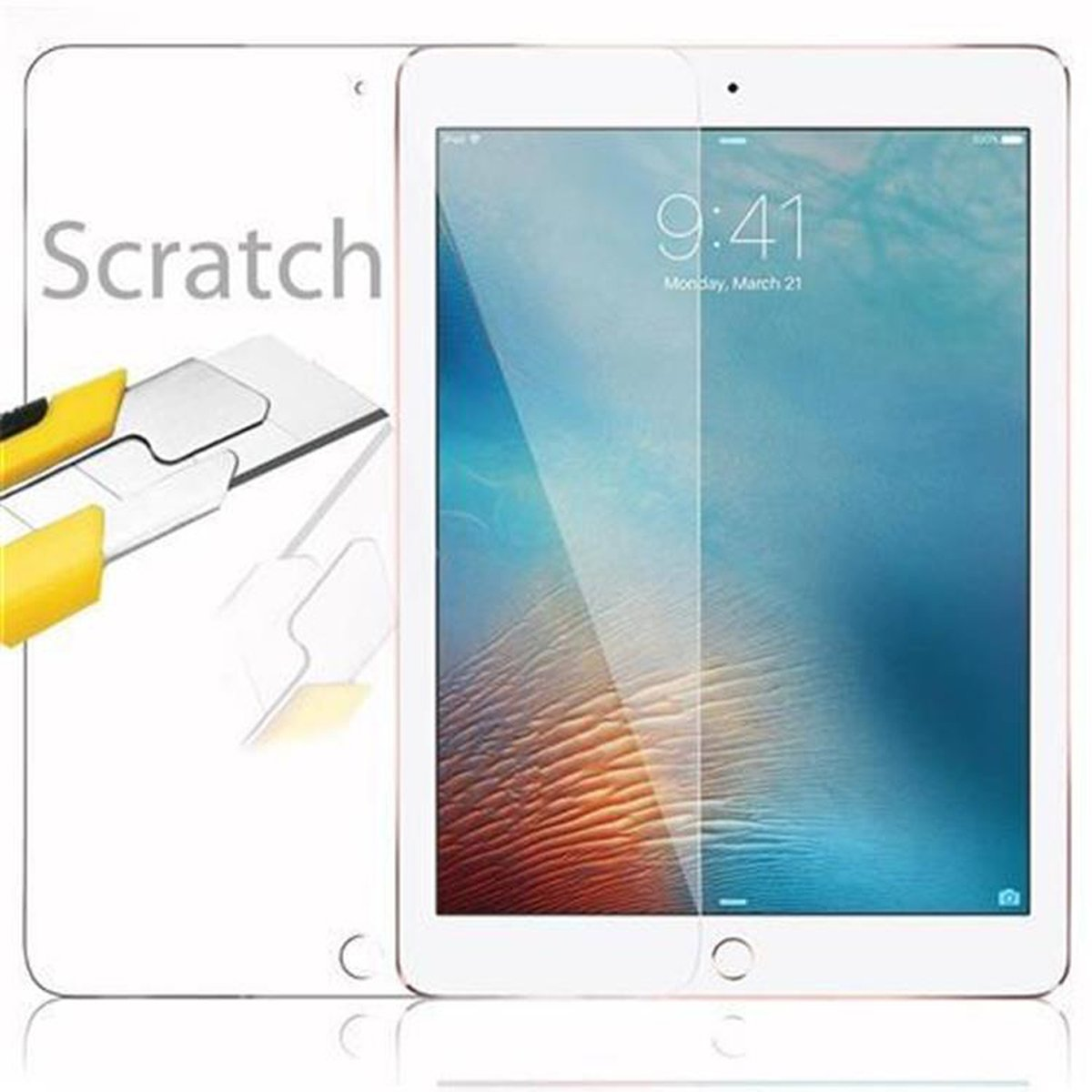 Un tablet con una protezione per lo schermo e un coltello. Lo schermo mostra '9:41' e 'Monday, March 21'.