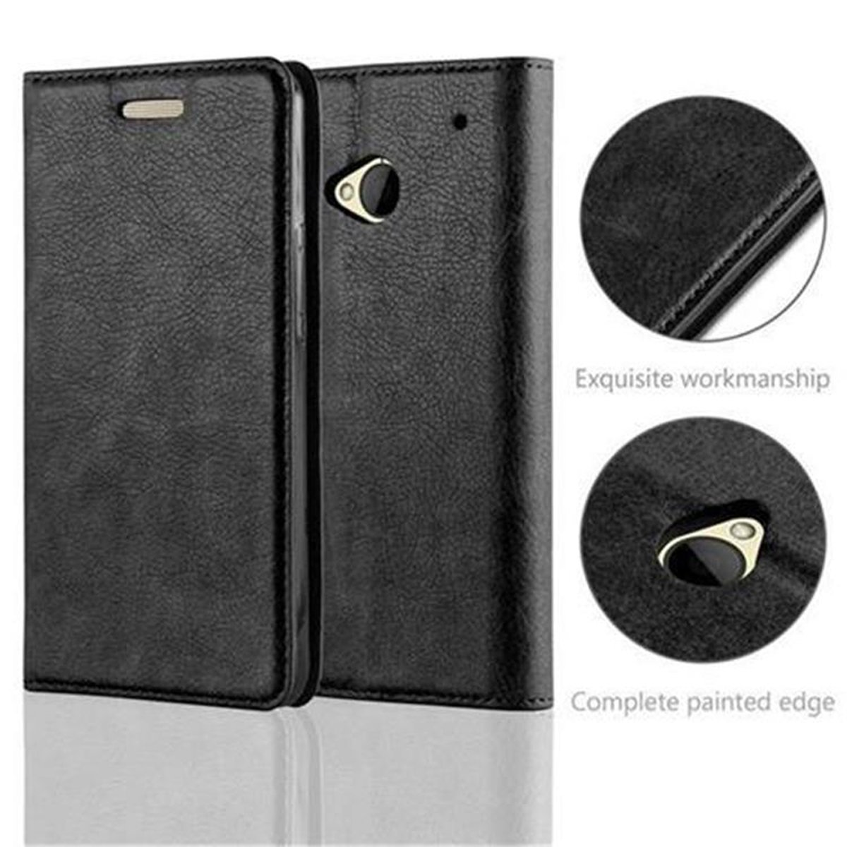Funda de teléfono de cuero negro, abierta para revelar el teléfono y la cámara. Detalles de costuras y cámara visibles.