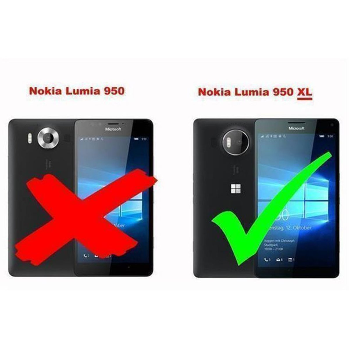 Confronto tra due telefoni: Nokia Lumia 950 (X) e Nokia Lumia 950 XL (spunta). X rossa e spunta verde.