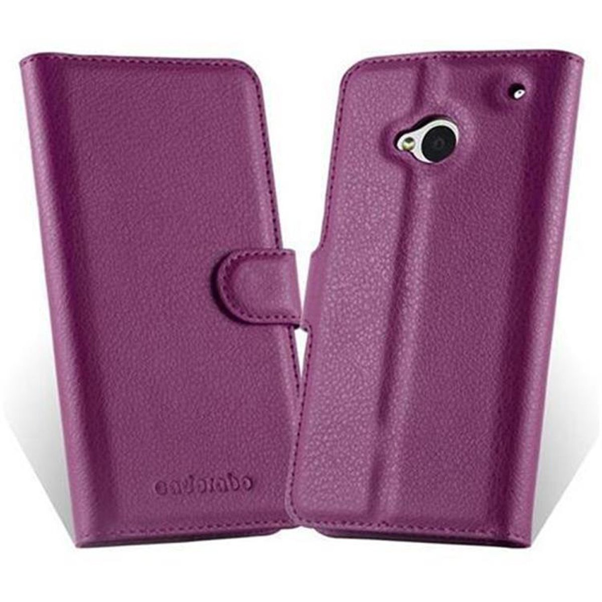 Una custodia per telefono viola con chiusura magnetica. Il telefono è dentro. C'è il nome del marchio.
