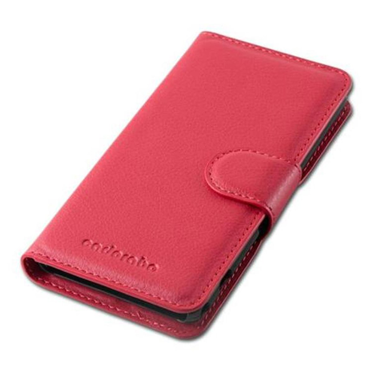 Custodia per telefono rossa con aletta e chiusura magnetica.