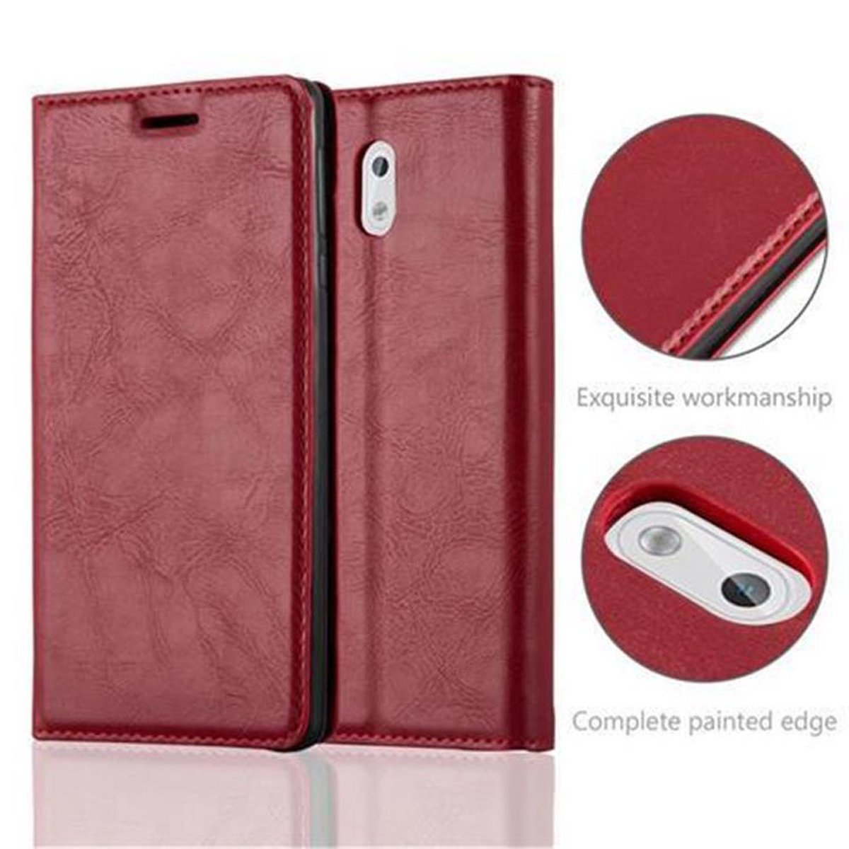 Rote Leder-Handyhülle, offen, zeigt das Telefon. Weißer Hintergrund, Kreise markieren Details.