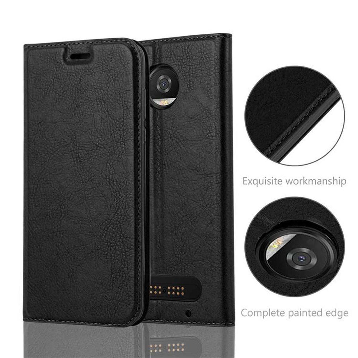 Custodia per telefono nera, aperta. Mostra la fotocamera del telefono. Primo piano della custodia con testo.