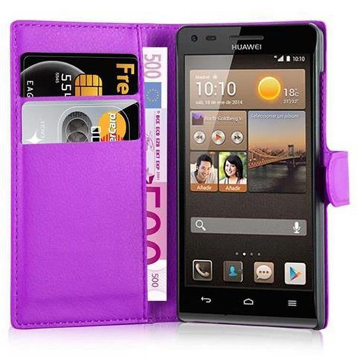 Una funda morada para teléfono con un smartphone dentro. Se ven tarjetas y dinero.