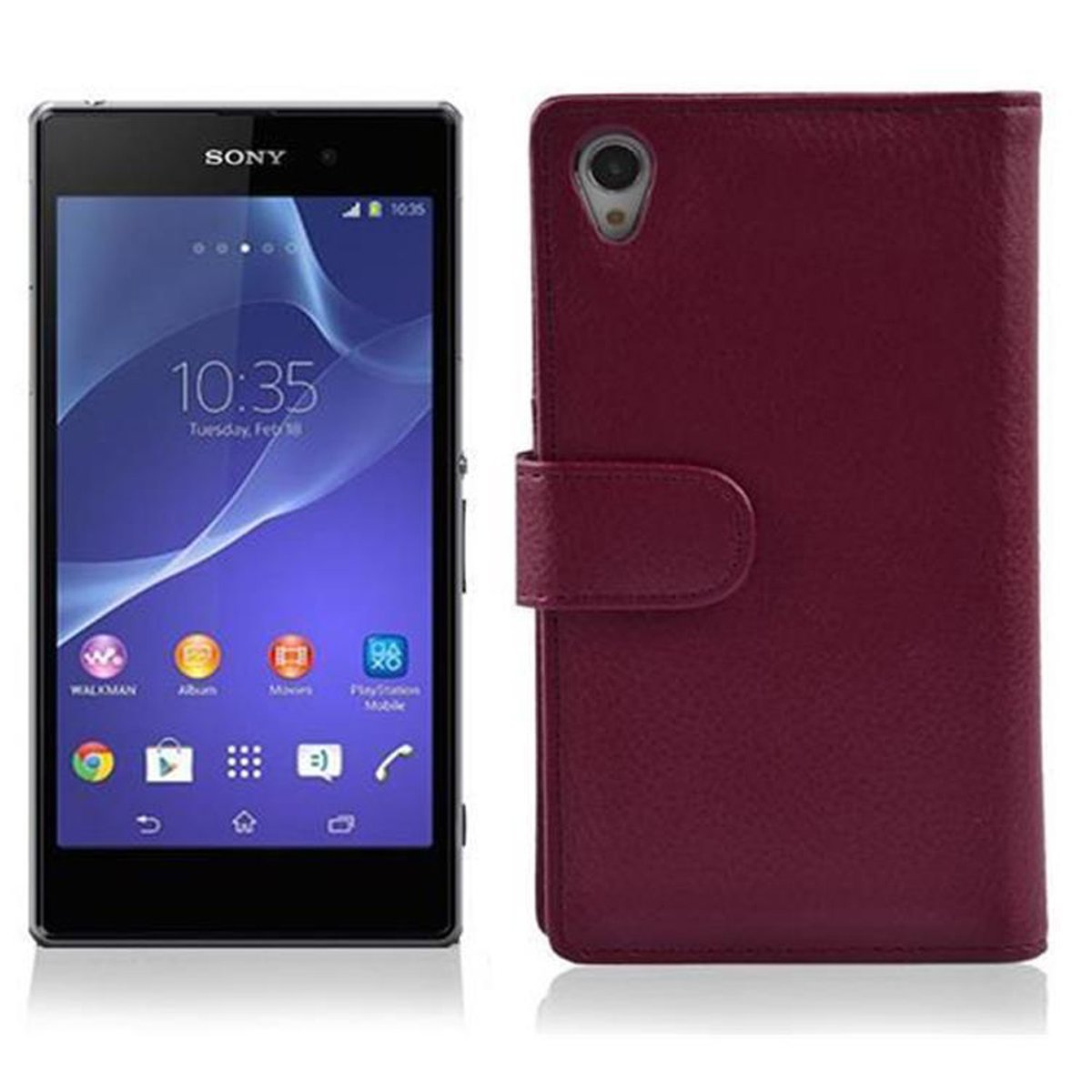 Un teléfono Sony junto a una funda de cuero burdeos cerrada con un cierre.