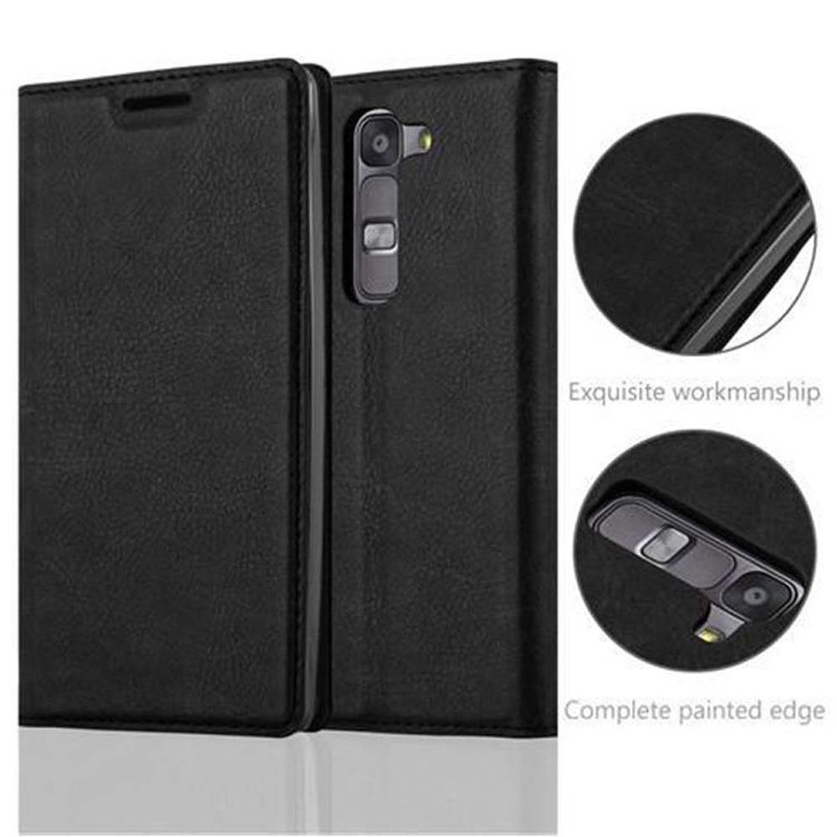 Funda negra para teléfono con vista detallada. Dos primeros planos circulares muestran detalles exquisitos.