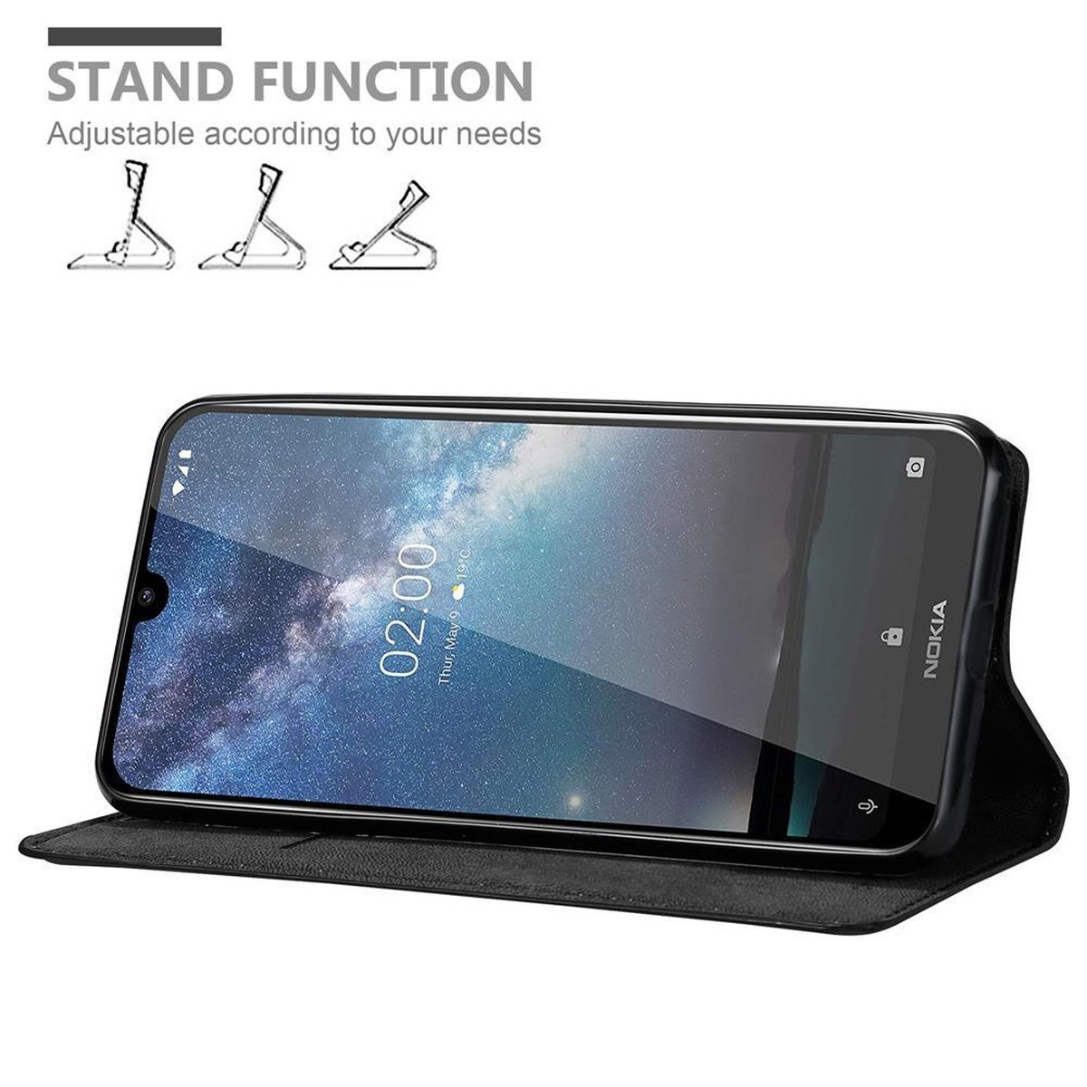 Ein Telefon in einer Hülle, die aufgestellt werden kann. Der Bildschirm zeigt die Uhrzeit.