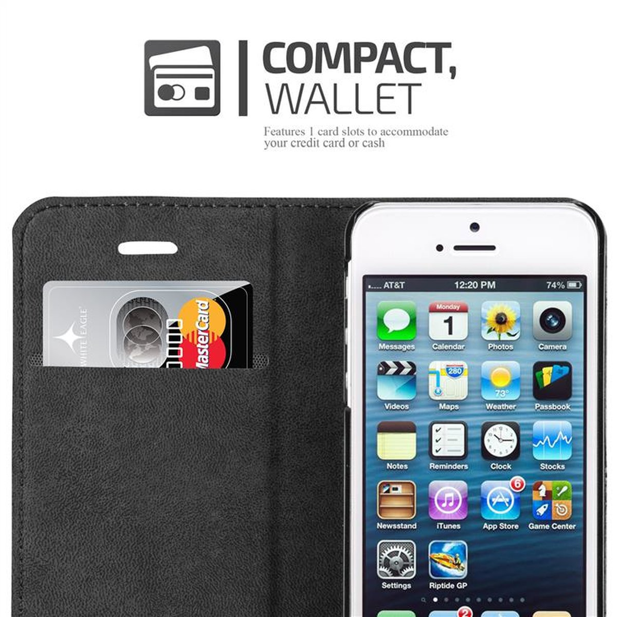 Un iPhone all'interno di una custodia a portafoglio, che mostra una carta di credito e lo schermo del telefono. La custodia è nera e ha fessure per carte.