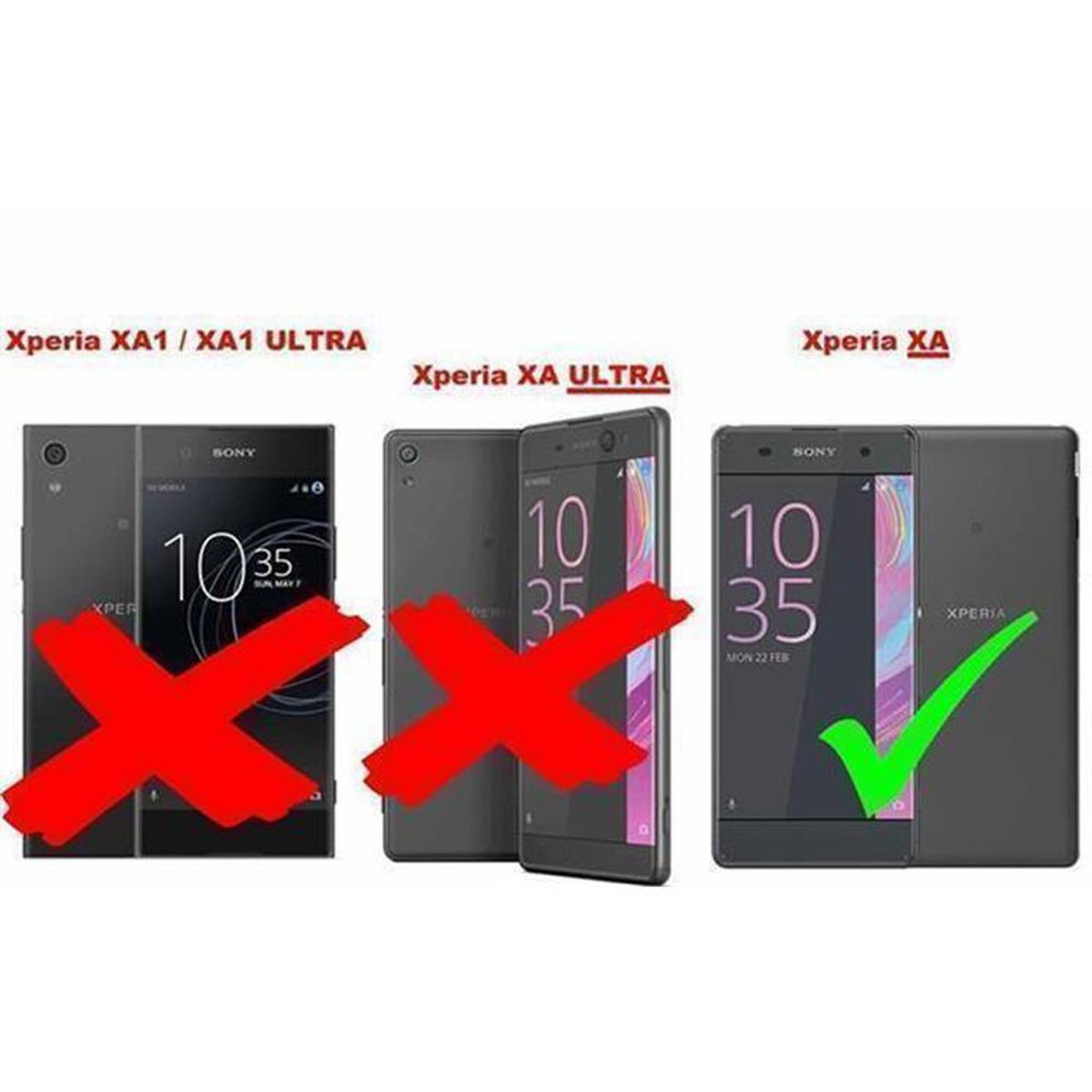 Tres teléfonos con fundas. Dos marcados con X roja, uno con marca de verificación verde, compatibilidad.