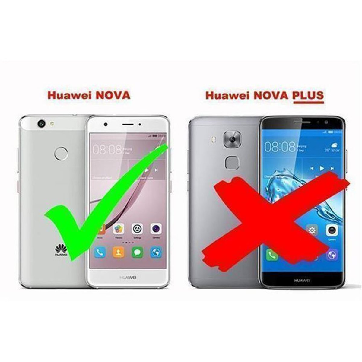 Zwei Telefone, eines korrekt (grüner Haken) und eines inkorrekt (rotes X). Das korrekte Telefon ist Huawei Nova.